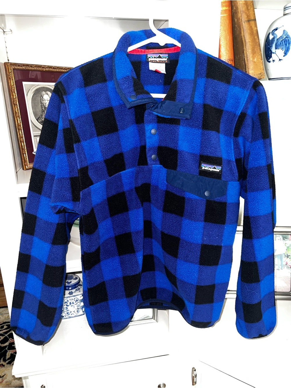 Patagonia Blue and Black Buffalo Plaid Snap Fleece Shirt Jacket